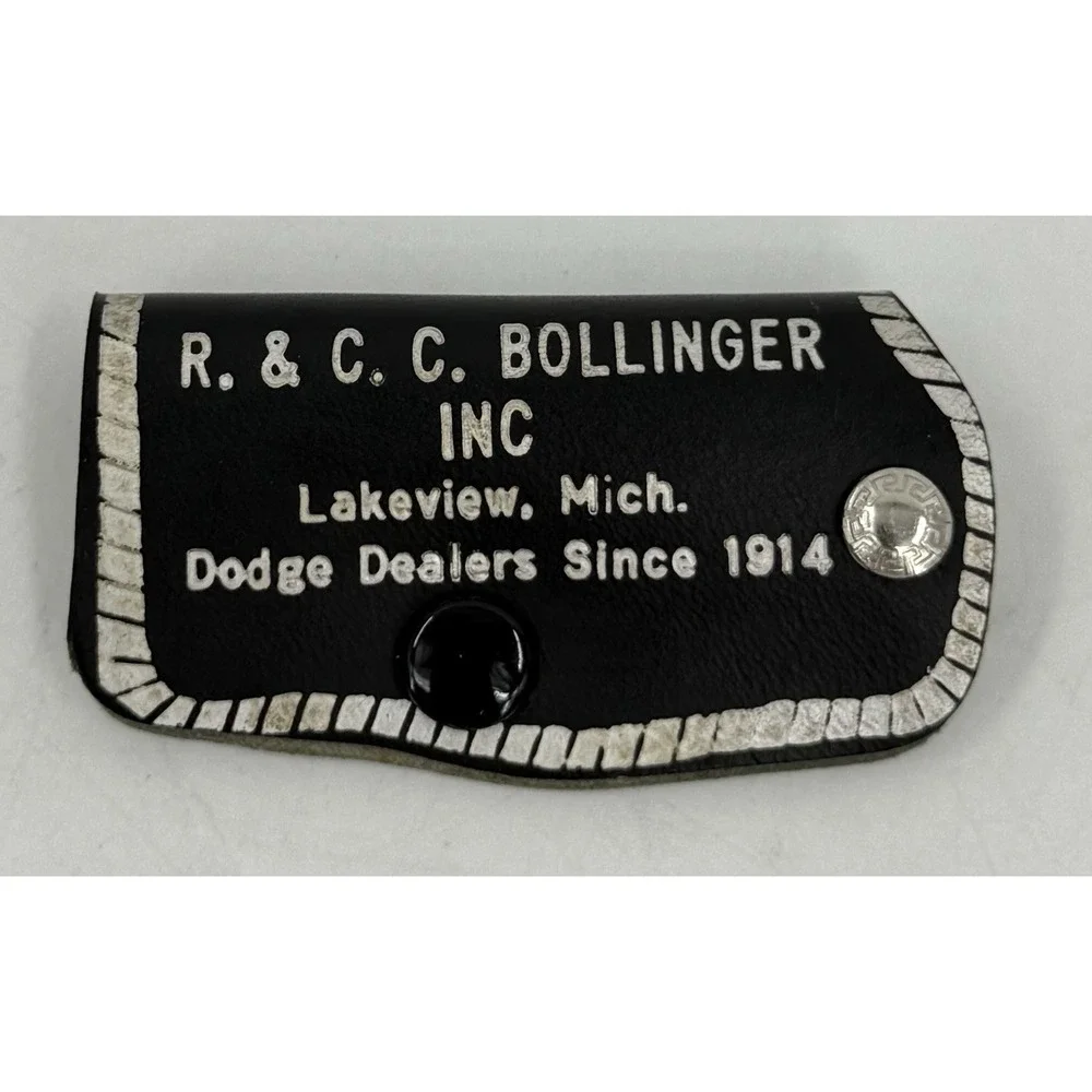 R &‎ CC Bollinger Dodge Lakeview, MI Black Advertising Leather Keychain Vtg 50s